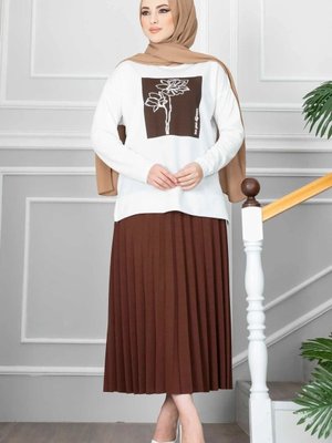 Kahverengi Baskılı Piliseli Etekli Takım Kahverengi Baskılı Piliseli Etekli Takım