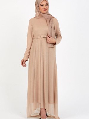 Vizon Simli Pileli Abiye Elbise