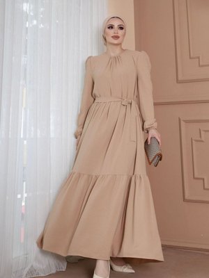 Bej Yakası Büzgü Detaylı Ayrobin Kuşaklı Elbise Bej Yakası Büzgü Detaylı Ayrobin Kuşaklı Elbise