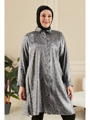 Gri Büyük Beden Leopar Desenli Uzun Gömlek Tunik