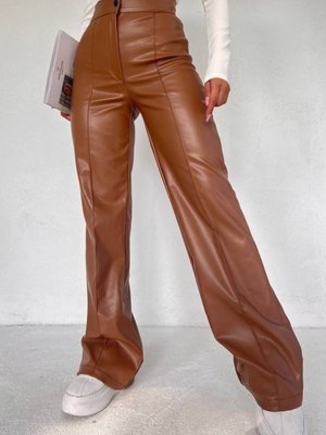 Taba Nervürlü Deri Pantolon