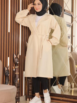 Bej Geniş Yaka Kuşaklı Trençkot