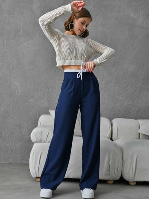 Lacivert Beyaz Astar Detaylı Likralı Yüksel Bel Pantolon