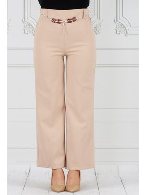 Bej Zincir Detaylı Bol Paça Pantolon
