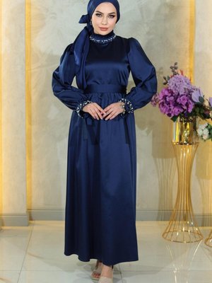 Lacivert İncili Saten Abiye Elbise