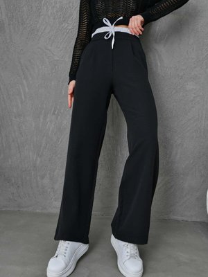 Siyah Beyaz Astar Detaylı Likralı Yüksel Bel Pantolon