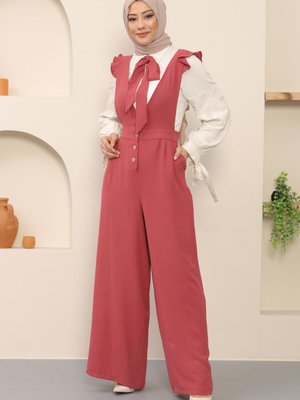 Gül Kurusu Papyonlu Düğmeli Tulum Gül Kurusu Papyonlu Düğmeli Tulum