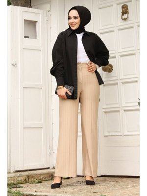 Bej Bol Paça Çizgili Pantolon Bej Bol Paça Çizgili Pantolon