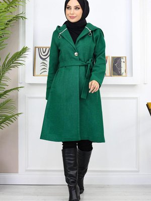 Zümrüt Kapüşonlu Kaşe Kaban