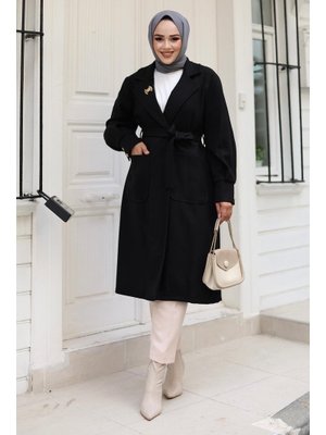 Siyah Cep Detaylı Kaşe Kaban