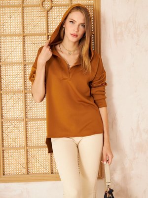Kahve Scuba Kapüşonlu Arkası Uzun Salaş Rahat Kalıp Sweatshirt