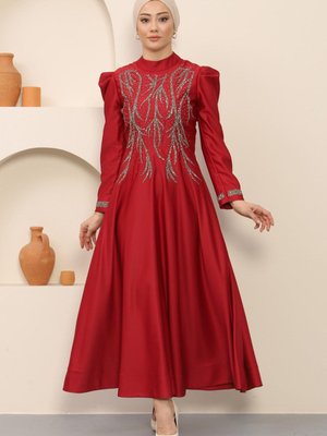 Bordo Taşlı Saten Abiye Elbise Bordo Taşlı Saten Abiye Elbise