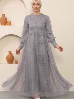 Gri Düğme Detaylı Tül Abiye Elbise Gri Düğme Detaylı Tül Abiye Elbise