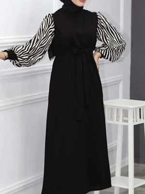 Siyah Zebra Desenli Uzun Boy Elbise