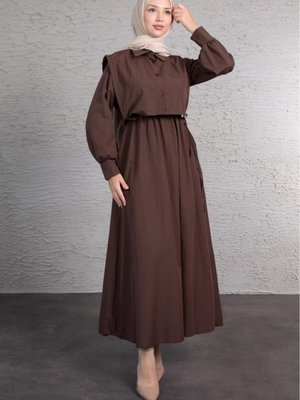 Crop Detaylı Gömlek Elbise Kahverengi