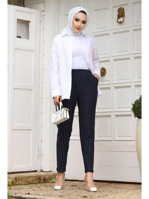 Lacivert Double Paça Çizgili Havuç Pantolon Lacivert Double Paça Çizgili Havuç Pantolon