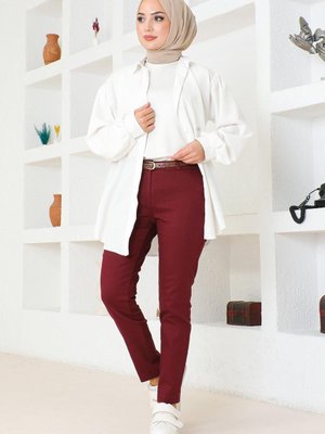 Bordo Kemerli Dar Paça Pantolon Bordo Kemerli Dar Paça Pantolon