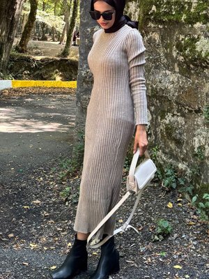 Bej Fitilli Triko Elbise