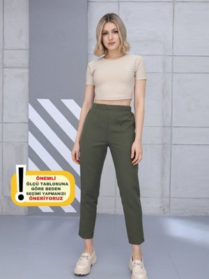 Havuç Kesim Yüksek Bel Likralı Dokuma Pantolon