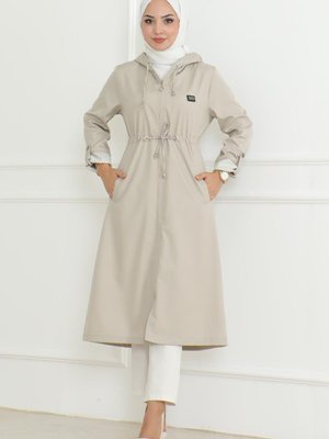 Bej Kapüşonlu Fermuarlı Trençkot