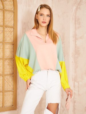 Pudra Polo Yaka Yarasa / Lastikli Manşet Kol Salaş Bluz Yeşil Sarı Sweatshirt