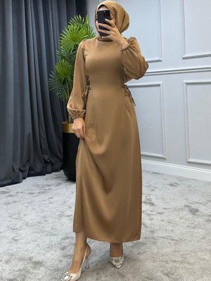 Elenor Belden Bağlamalı Saten Elbise Vizon Elenor Belden Bağlamalı Saten Elbise Vizon