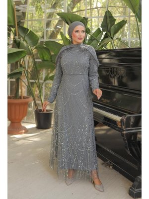 Farah Boncuklu Abiye Elbise Gümüş