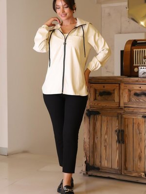 Krem Kolları Lastikli Uzun Kollu Ceket