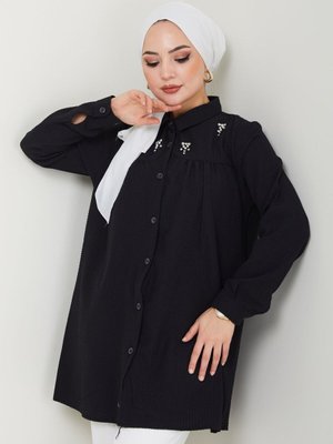 Siyah Gömlek Yaka Taşlı Tunik