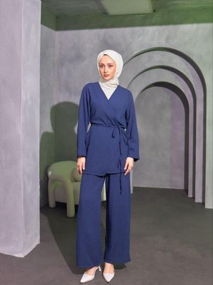 İndigo Çapraz Baglamalı Keten Kimono Takım İndigo Çapraz Baglamalı Keten Kimono Takım