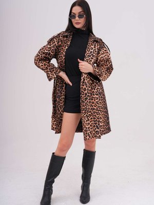 Leopar Desenli Kuşaklı Düğmeli Trençkot
