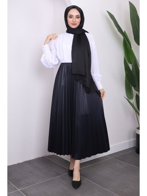 Lacivert Deri Görünümlü Piliseli Etek