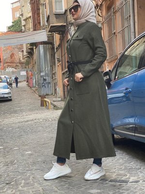 Haki Düğme Detay Kaşe Kaban