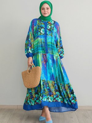 Soyut Çiçekli Yeşil Viskon Elbise