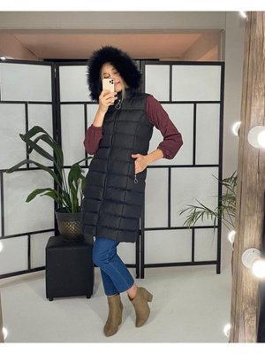 Siyah Kapüşon Kürklü Cepli Şişme Yelek