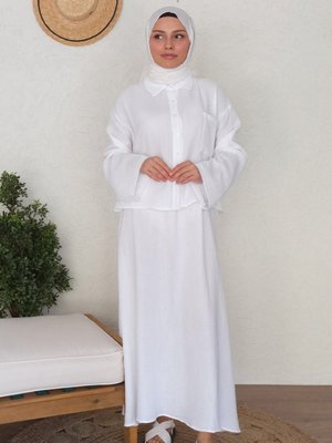 Beyaz Müslin Crop Gömlek Etek Takım