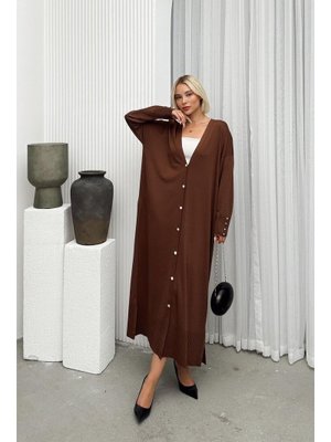 Taba V Yaka Düğme Detaylı Oversize Triko Hırka