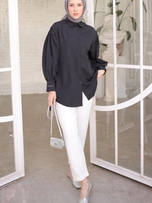 Siyah Kol Detaylı Terikoton Gömlek