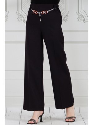 Siyah Zincir Detaylı Bol Paça Pantolon