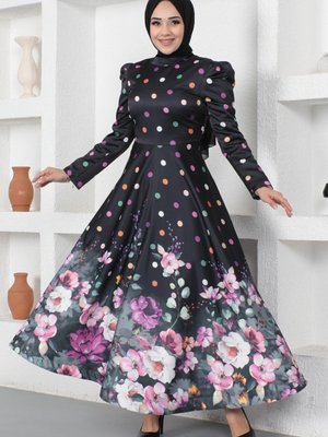 Siyah Çiçekli Puantiyeli Saten Abiye Elbise