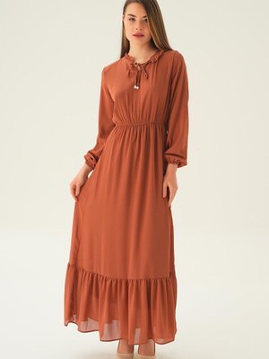 Yaka Bağcık Uzun Elbise Kiremit