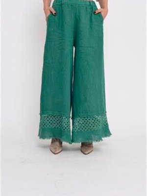 Yeşil İtalyan Fisto Detaylı Keten Pantolon