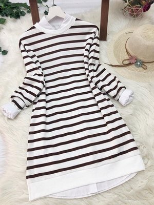 Kahverengi Çizgi Detaylı Tunik