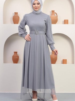 Gri Kemeri Taşlı Tül Abiye Elbise Gri Kemeri Taşlı Tül Abiye Elbise