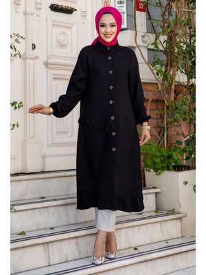 Siyah Yanı Fırfır Detaylı Düğmeli Keten Tunik