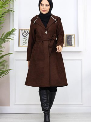 Kahverengi Kapüşonlu Kaşe Kaban