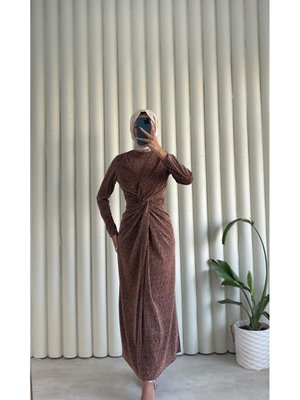 Yeni Sezon Önü Büzgülü Pırıltılı Kalem Abiye Elbise