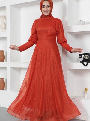 Kiremit Manşeti Fermuar Detaylı Simli Abiye Elbise