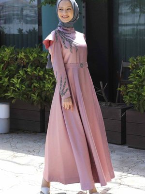Gül Kurusu Taşlı Yakma Desenli Abiye Elbise Gül Kurusu Taşlı Yakma Desenli Abiye Elbise