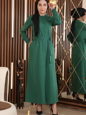 Zümrüt Gizli Düğmeli Ribanalı Ferace